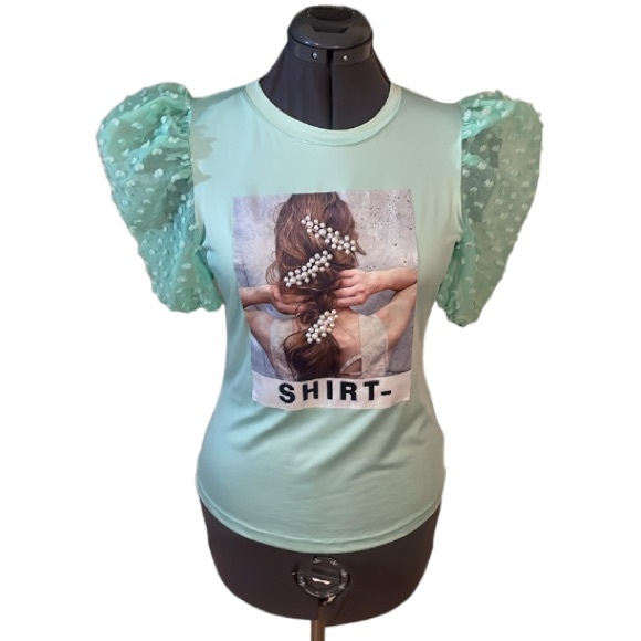 Miss Mia Mia Mint Green Balloon Sleeve Spandex T-shirt Top Size Medium - Picture 1 of 16